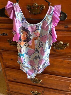 Disney Girls One-Piece Swimsuit in Light Blue and Pink with Character Print